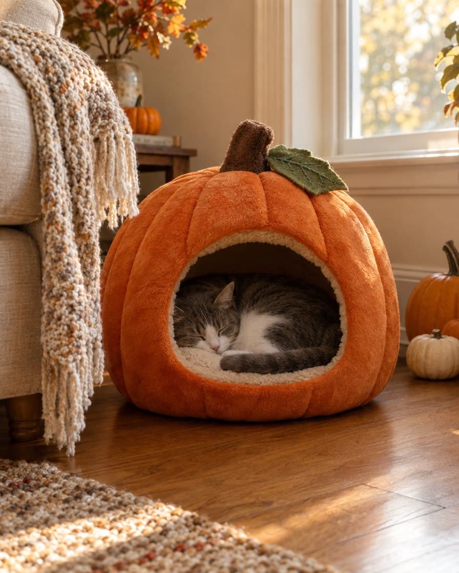 Cat sleeping inside the pumpkin cave bed