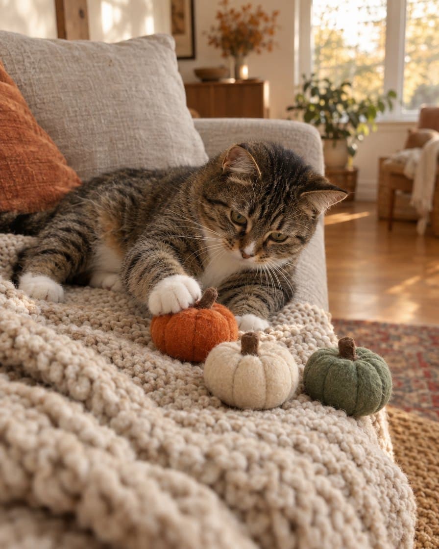 Three plush pumpkin toys with a cat
