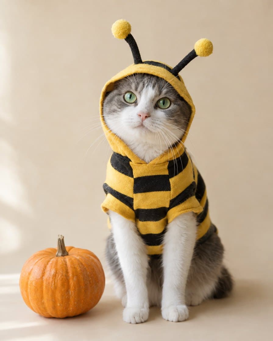 Grey and white cat wearing the Buzzy Bee Hoodie