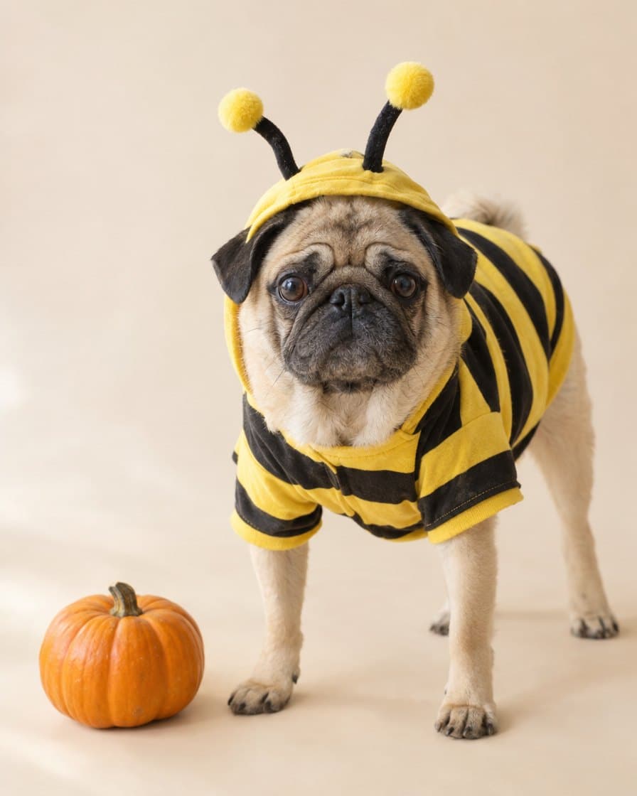 Pug wearing the Buzzy Bee Hoodie