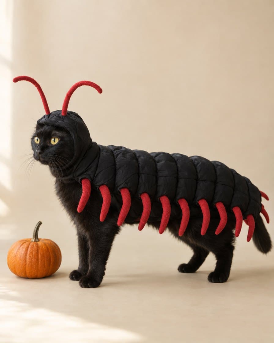 Black cat wearing the Creepy Centipede Costume