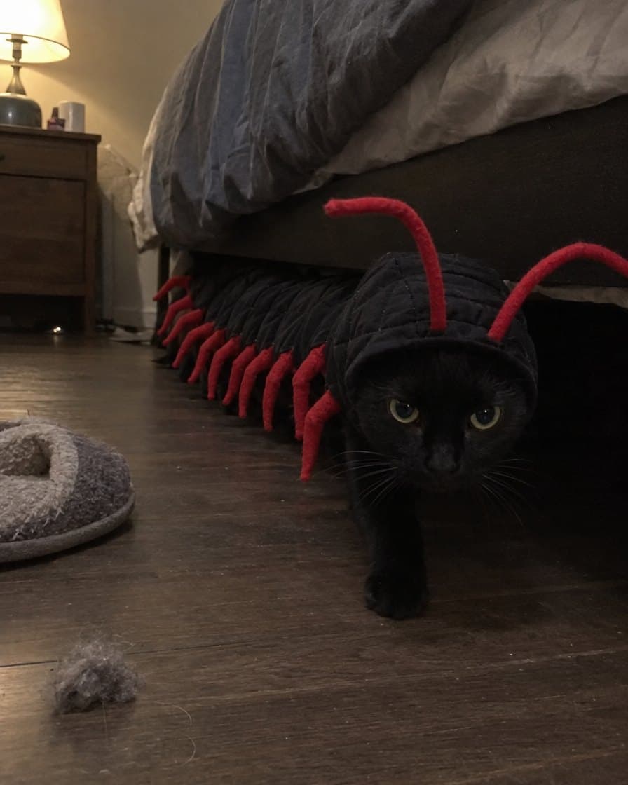 Nyx, black cat in the Creepy Centipede Costume