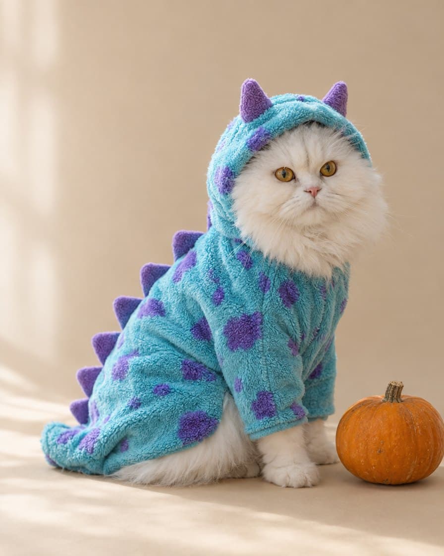 White longhair cat wearing the Monster Dino Hoodie