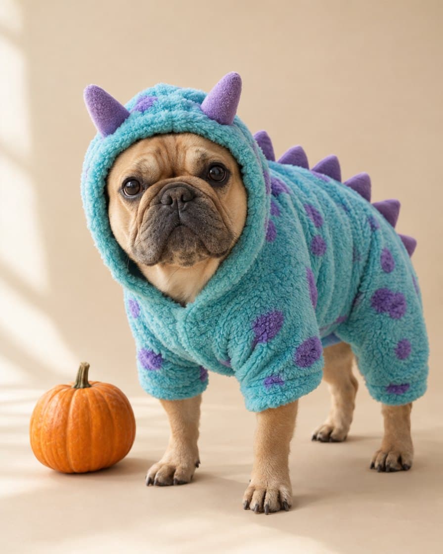 French bulldog wearing the Monster Dino Hoodie