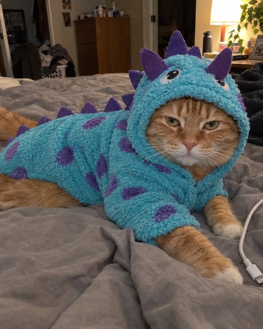 Mango, orange tabby in the Monster Dino Hoodie