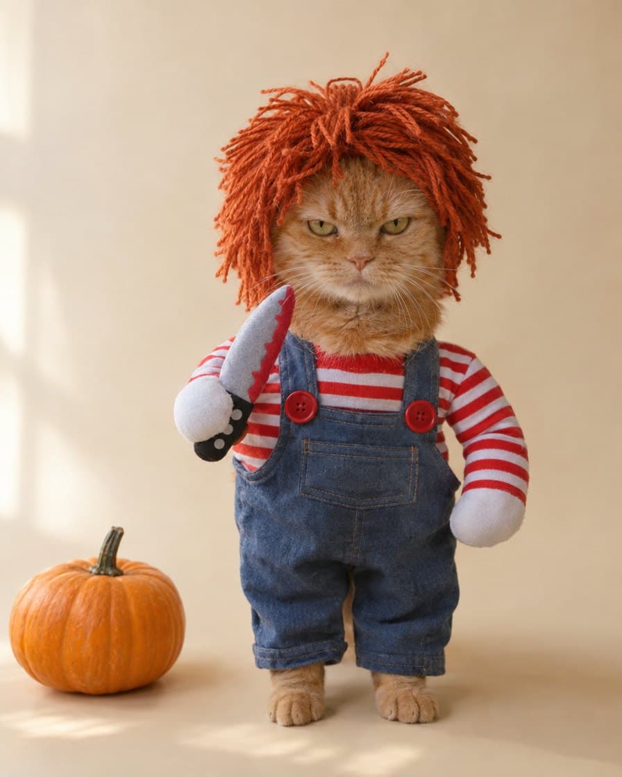 Orange tabby cat wearing the Creepy Doll Costume