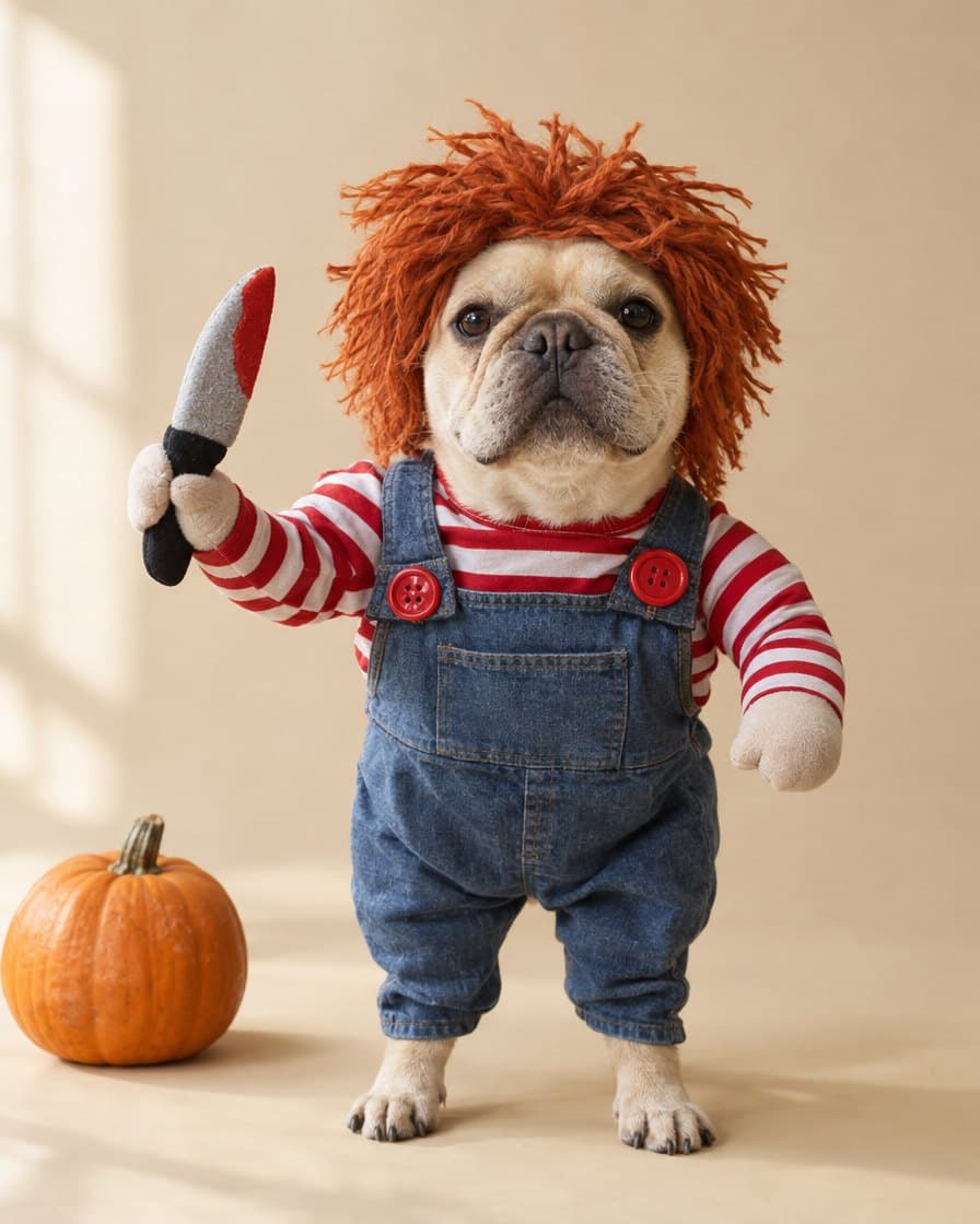 French bulldog wearing the Creepy Doll Costume