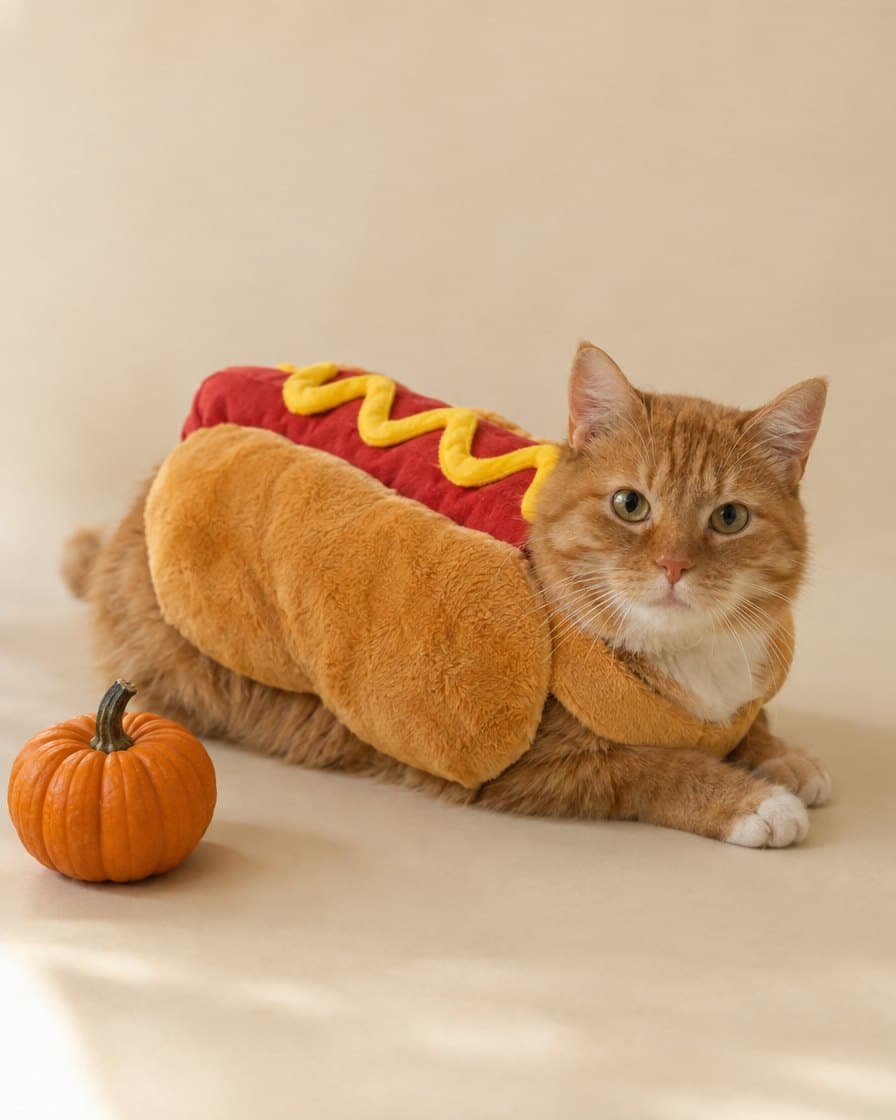 Ginger cat wearing the Hot Dog Costume
