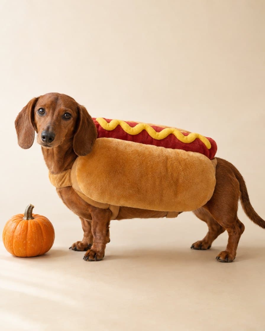 Dachshund wearing the Hot Dog Costume