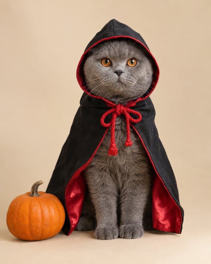British shorthair cat wearing the Shadow Ninja Cloak