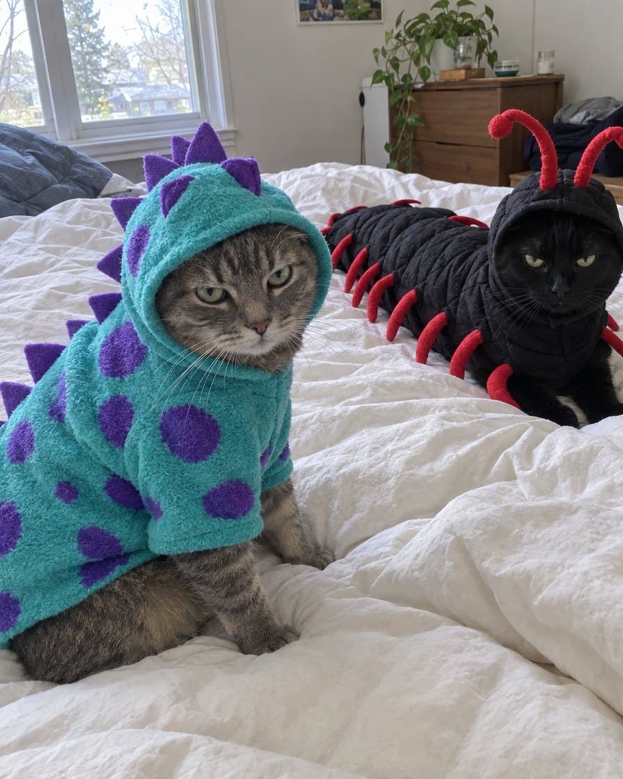 Olive & Pepper, cats in the Monster Dino Hoodie