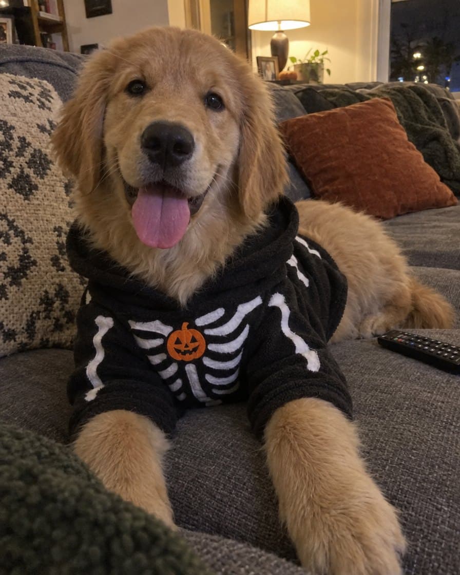 Bear, golden pup in the Skeleton Hoodie
