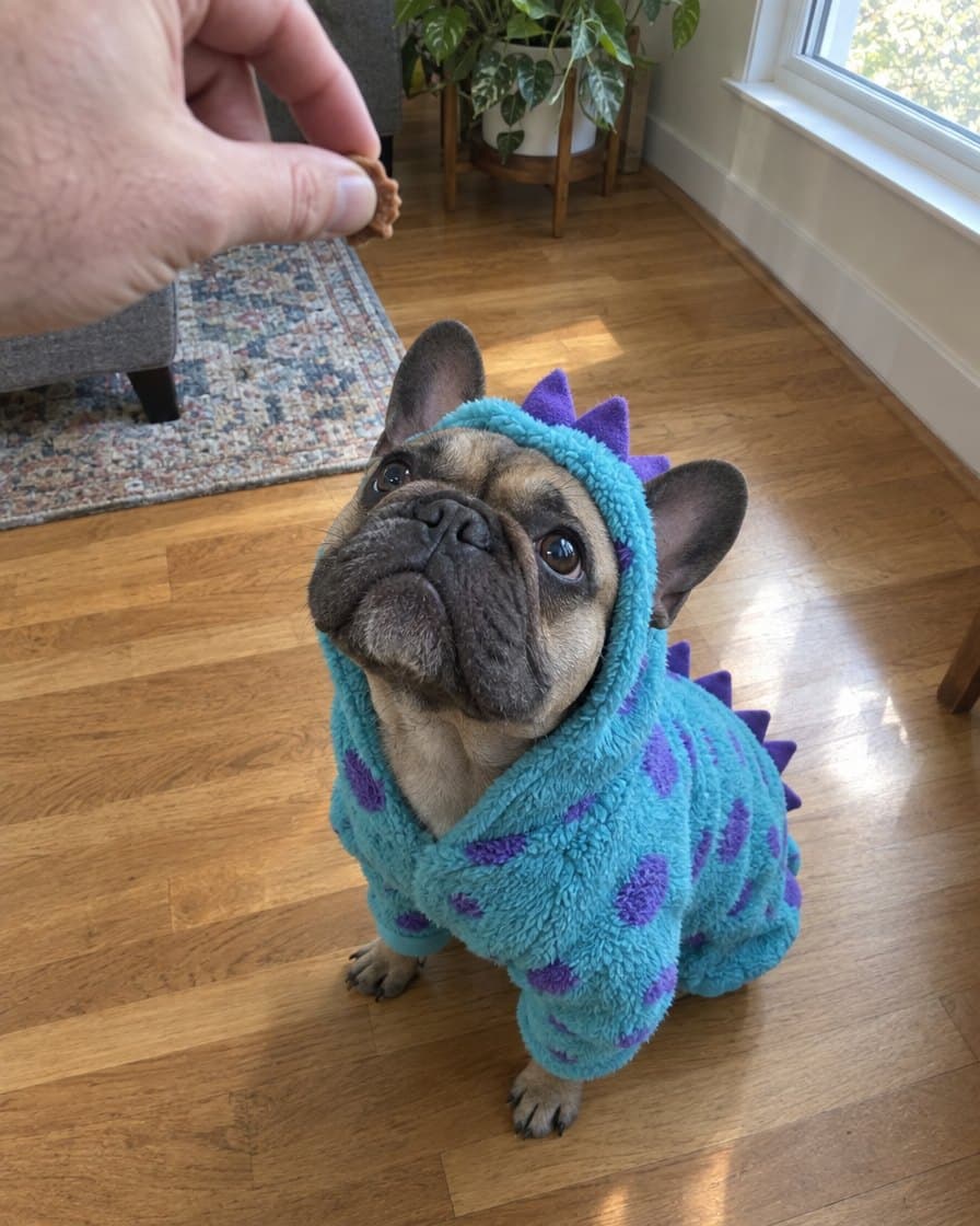 Gus, Frenchie in the Monster Dino Hoodie