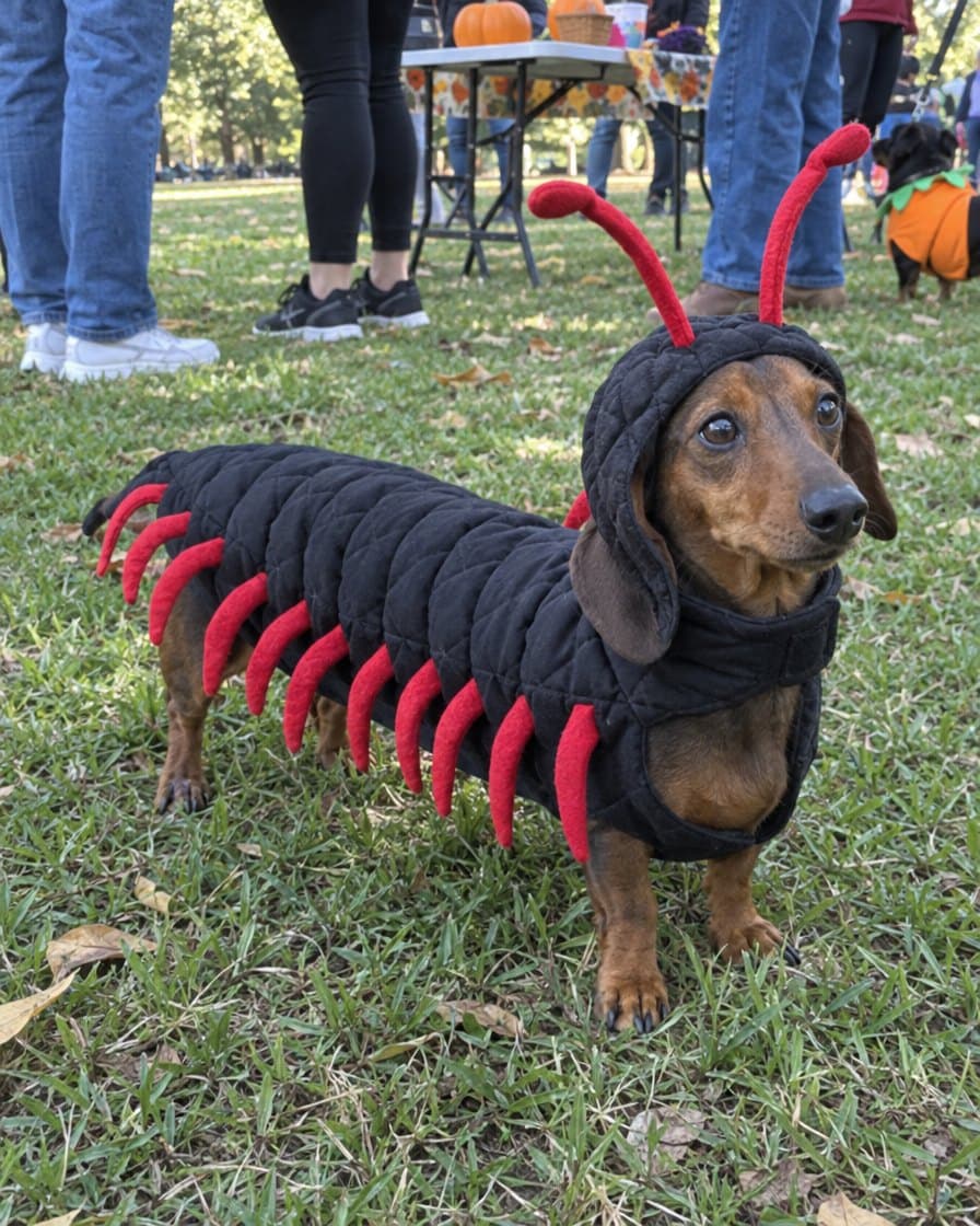 Pretzel, dachshund in the Creepy Centipede Costume