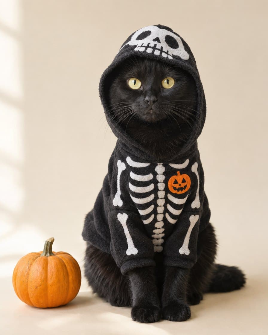 Black cat wearing the Glow Skeleton Hoodie