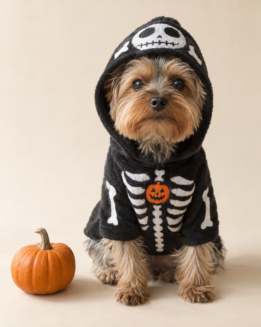 Yorkshire terrier wearing the Skeleton Hoodie