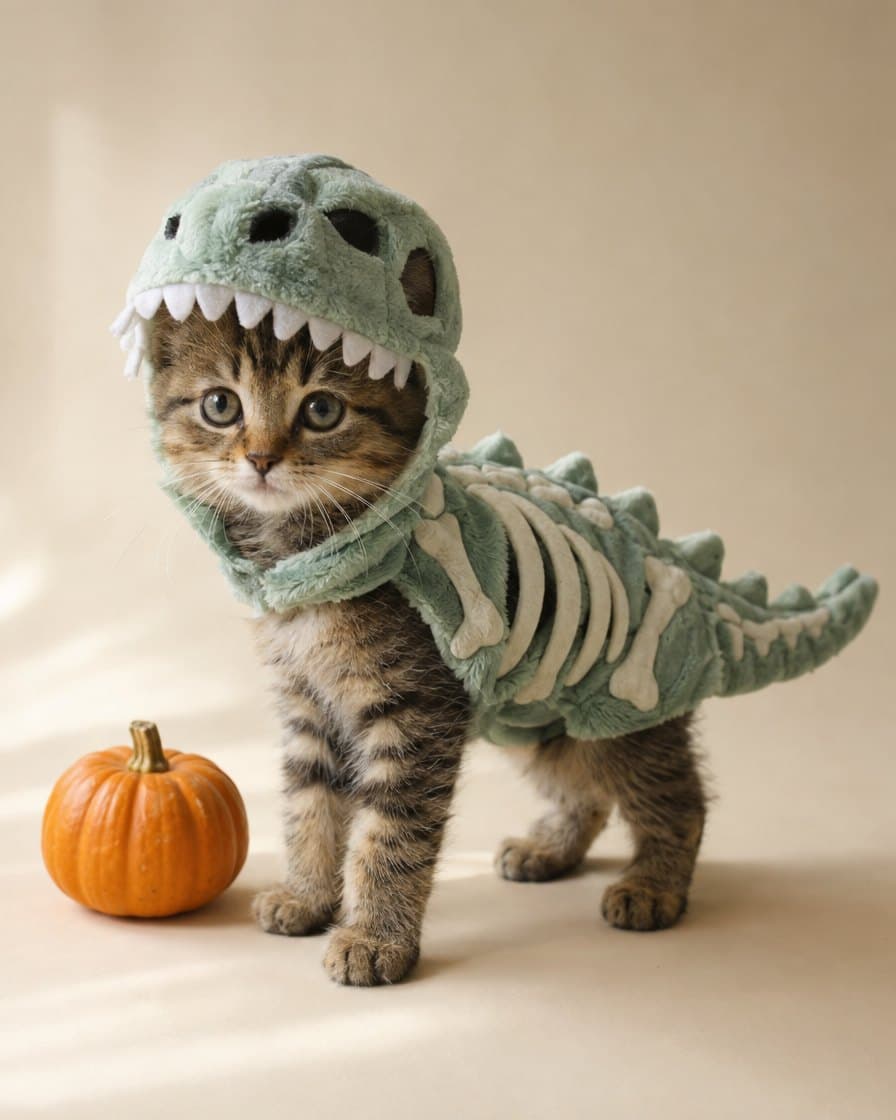 Tabby kitten wearing the Glow T-Rex Skeleton