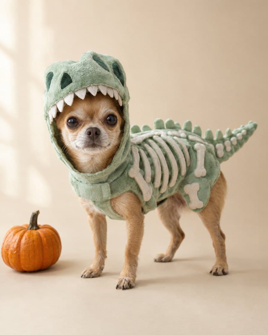 Chihuahua wearing the Glow T-Rex Skeleton