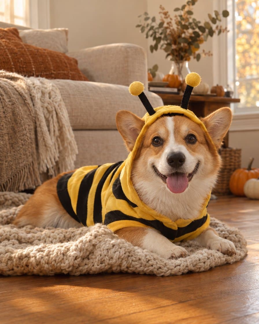 Dog at home in the Buzzy Bee Hoodie