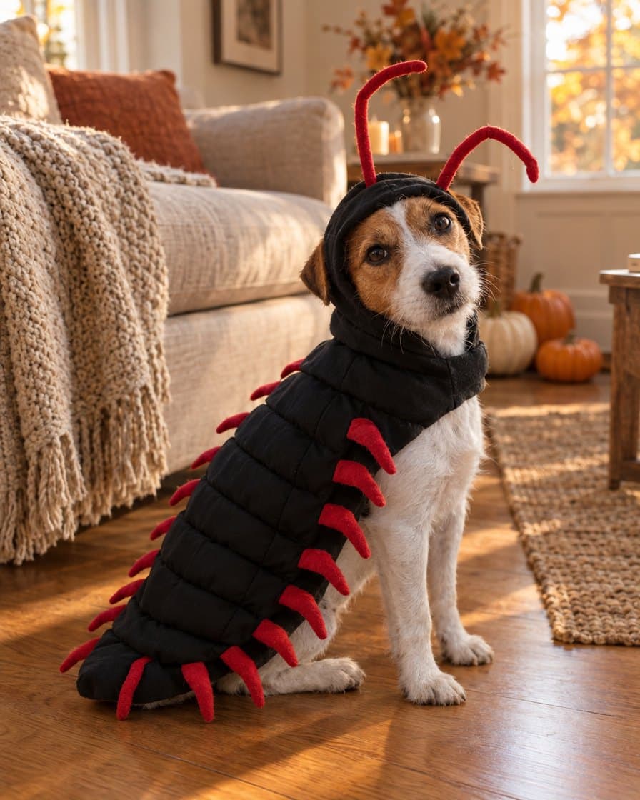 Dog at home in the Creepy Centipede Costume