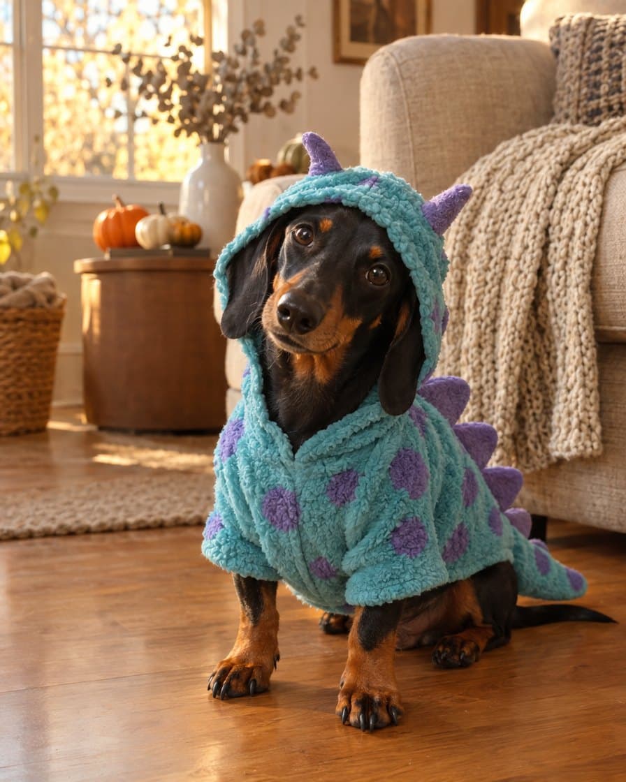 Dog at home in the Monster Dino Hoodie