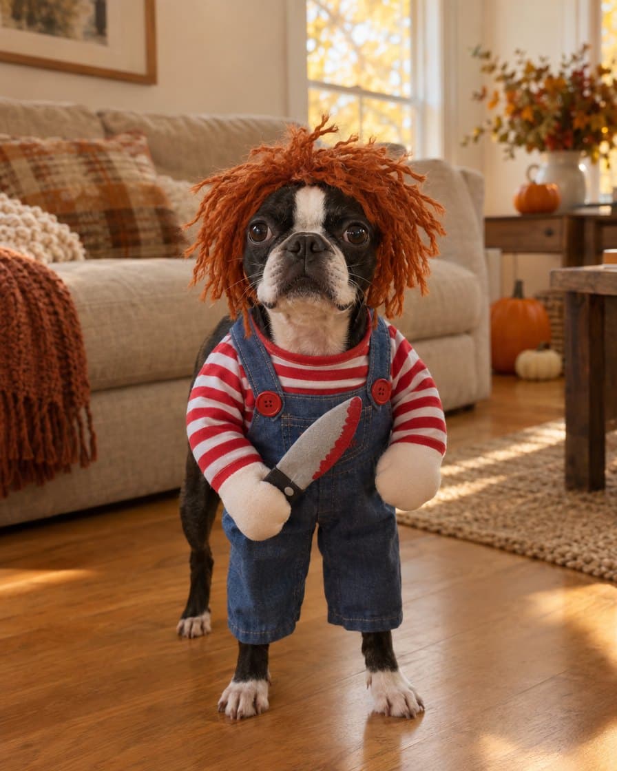 Dog at home in the Creepy Doll Costume
