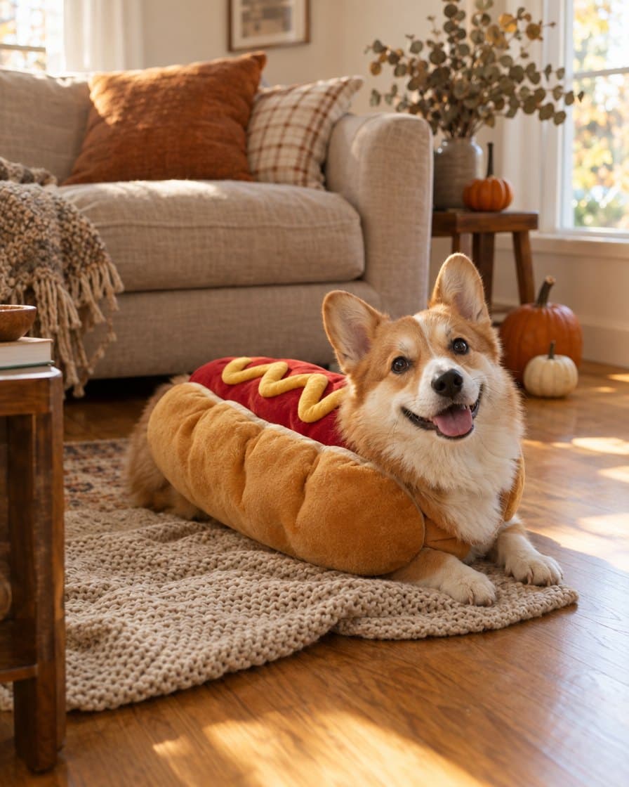 Dog at home in the Hot Dog Costume