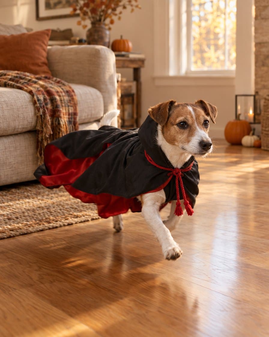 Dog at home in the Shadow Ninja Cloak