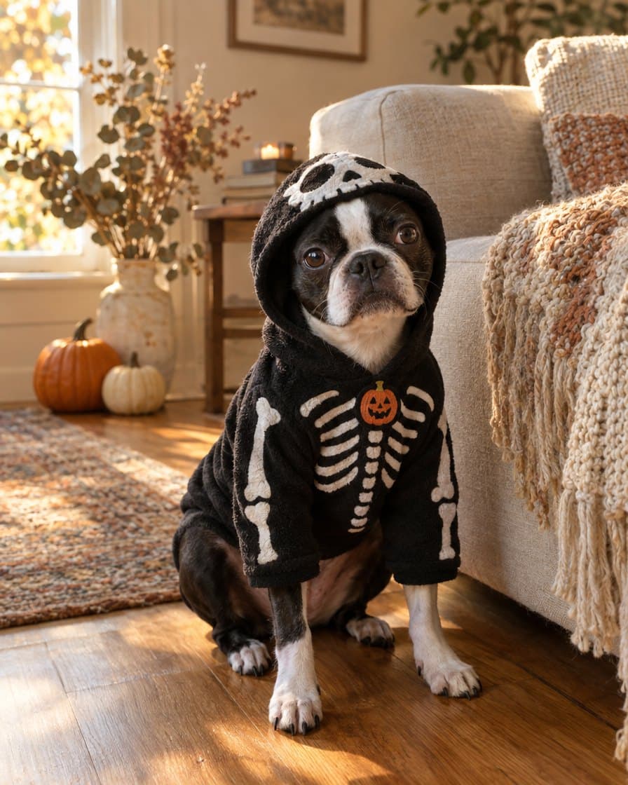 Dog at home in the Skeleton Hoodie