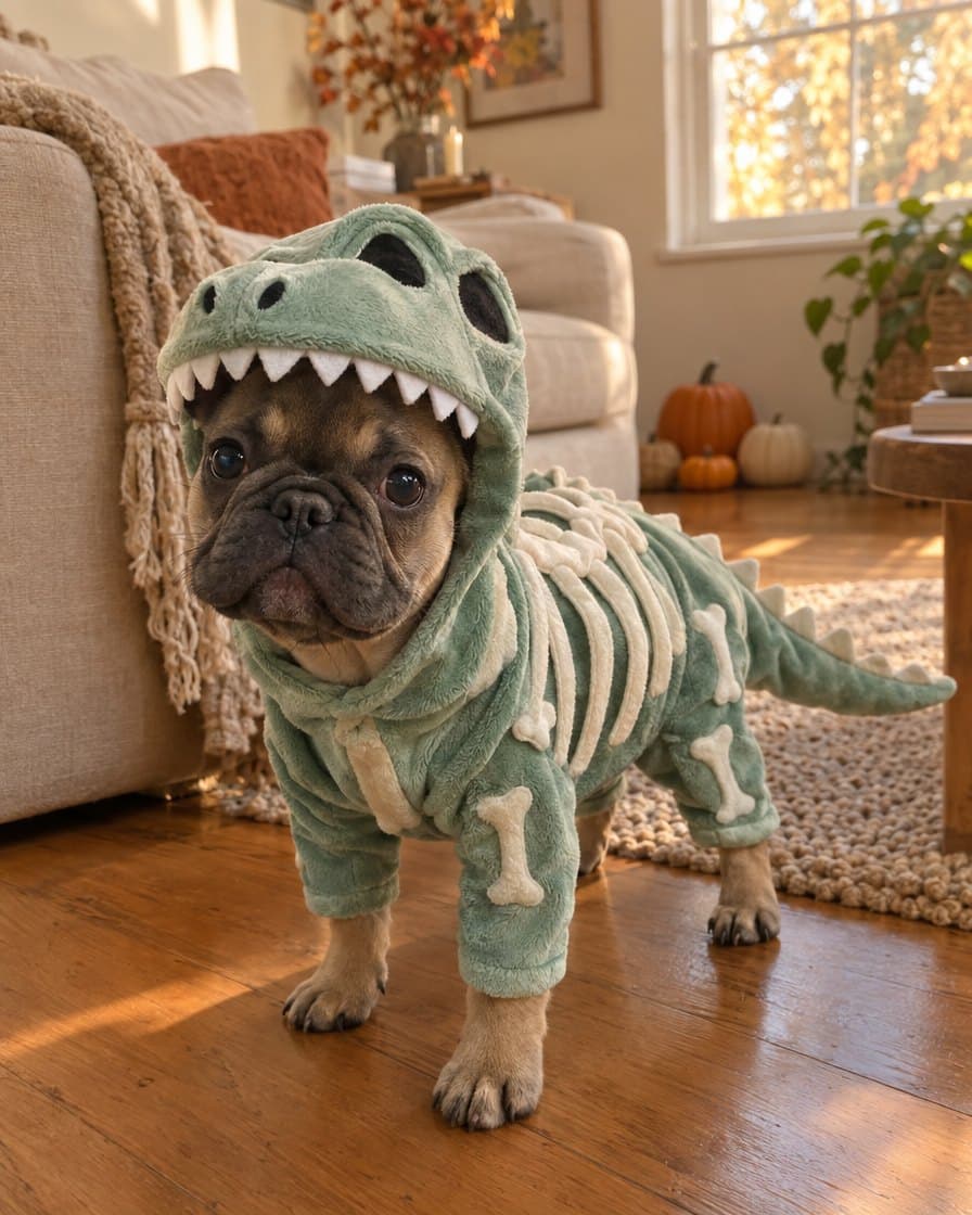 Dog at home in the Glow T-Rex Skeleton